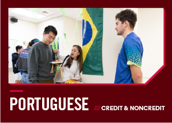 Students chat and share snacks in a room with a Brazilian flag on the wall.
